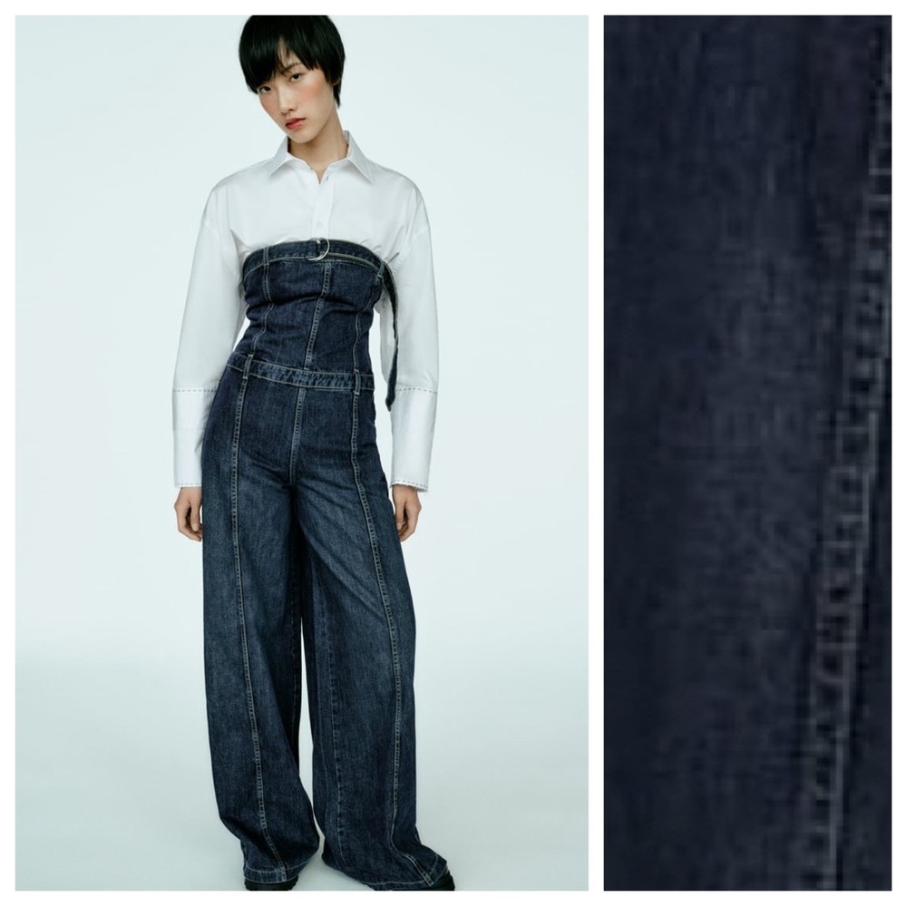 NWT. Zara Navy Blue Strapless TRF Denim Jumpsuit. Size XS. - Picture 2 of 14